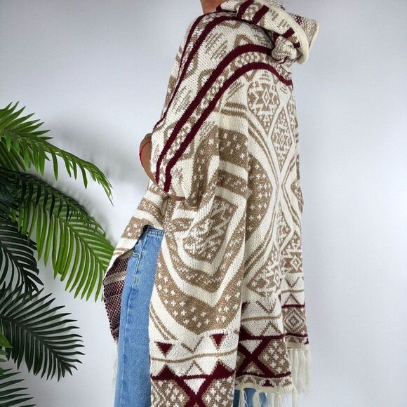 Womens Beige Aztec Bohemian Western Sweater Cardigan Fall Hooded Poncho / S/M - Picture 2 of 8